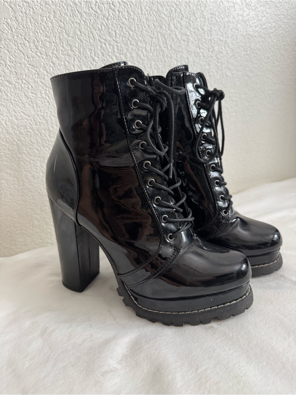 Black Patent Lace-Up Platform Ankle Boots